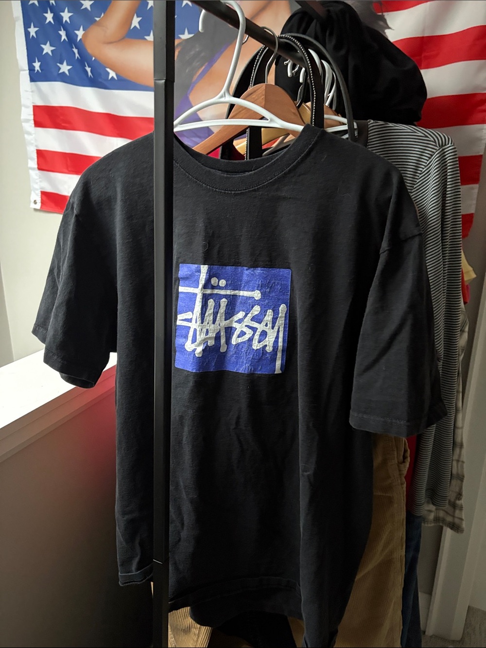 Stussy Y2k relaxed baggy Black Tee with Blue Square Logo